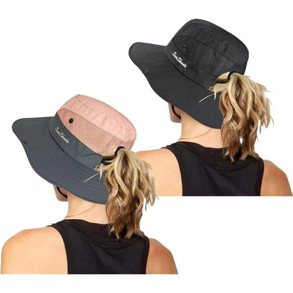 2 Pack Women's Outdoor UV Protection Sun Hats Mesh Beach Fishing Ponytail Hole